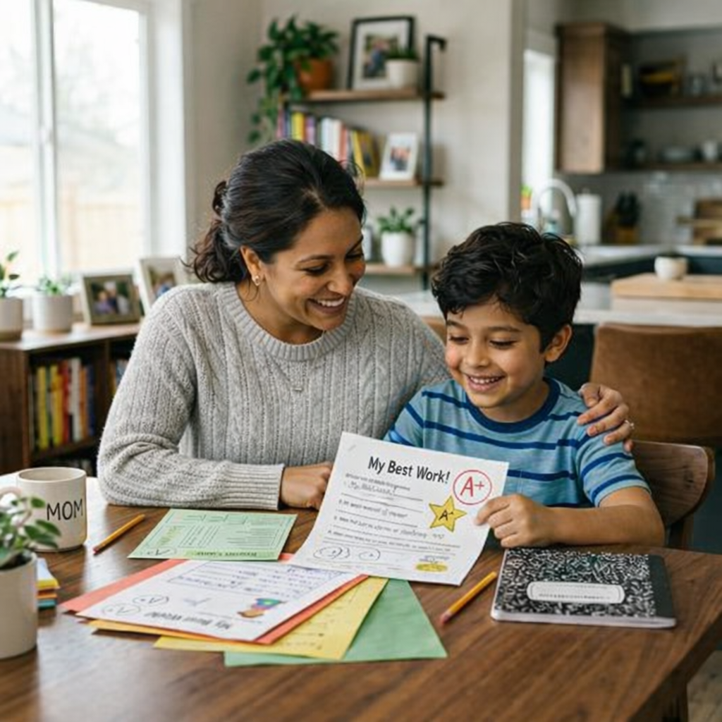 Mother and child celebrating improved test scores together